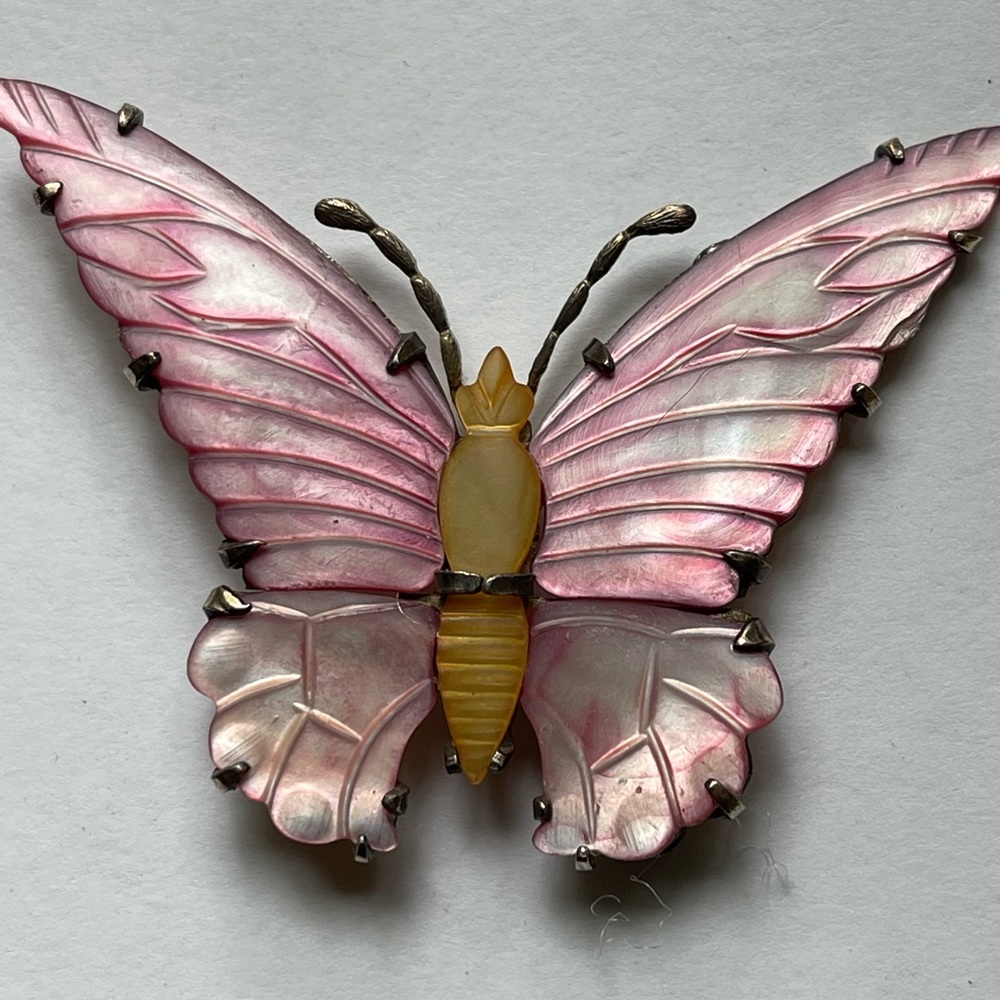 2” Pink Swirled Stained Glass Panes in Sterling Butterfly Brooch Signed Stamped